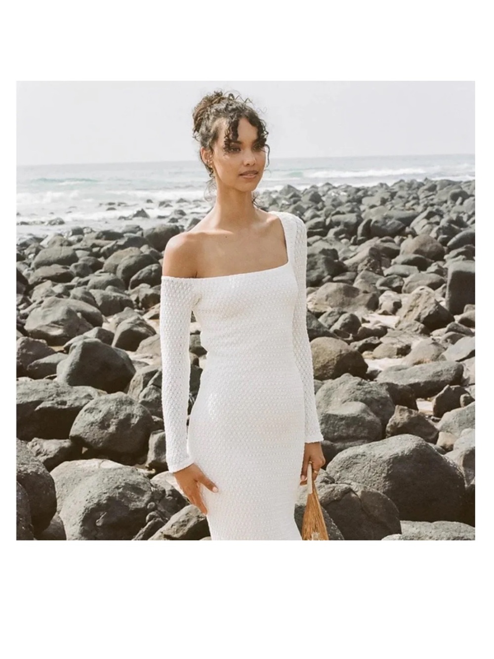 Sabo Off-Shoulder Long Sleeve White Knit Dress